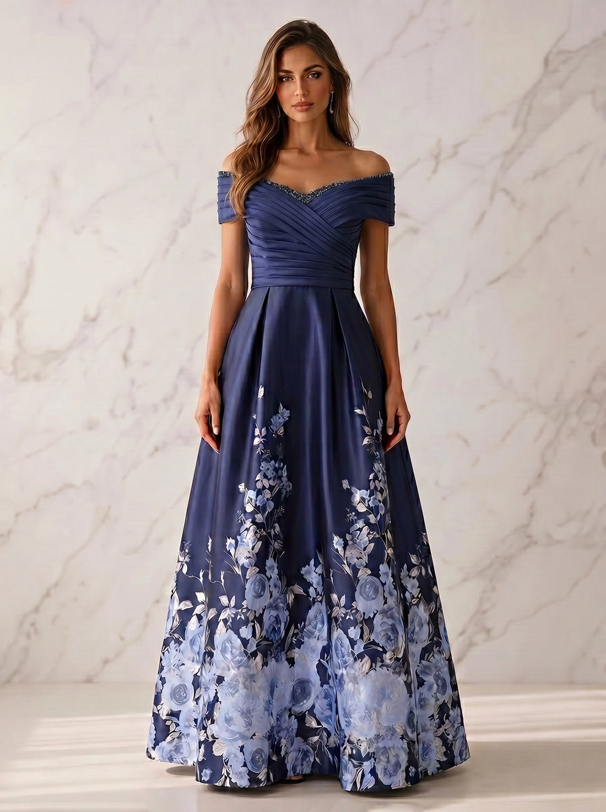 A-Line Mother Of The Bride Floral Printed Satin Formal Dress Off-The-Shoulder Short Sleeves Floor-Length With Cascading Ruffles Wedding Guest