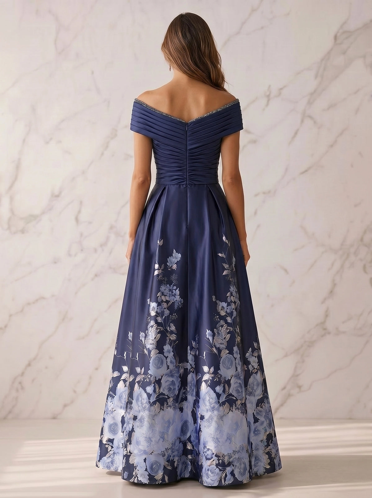 A-Line Mother Of The Bride Floral Printed Satin Formal Dress Off-The-Shoulder Short Sleeves Floor-Length With Cascading Ruffles Wedding Guest