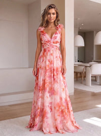 A-Line/Princess Evening Dresses Floral Printed Chiffon V-Neck Sleeveless Floor-Length Pleated Criss Cross Straps With 3D Flowers