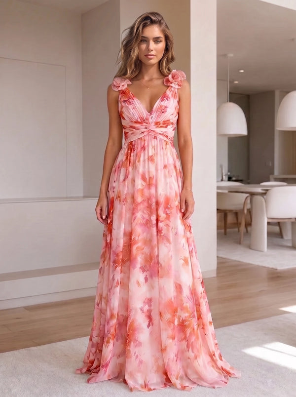 A-Line/Princess Evening Dresses Floral Printed Chiffon V-Neck Sleeveless Floor-Length Pleated Criss Cross Straps With 3D Flowers