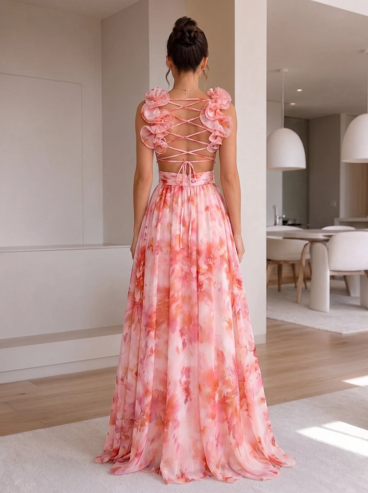 A-Line/Princess Evening Dresses Floral Printed Chiffon V-Neck Sleeveless Floor-Length Pleated Criss Cross Straps With 3D Flowers