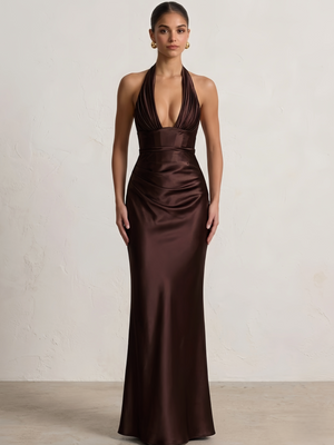 Sheath/Column Prom Dresses V Neck Sleeveless Halter Neck Floor-Length Back Lace Up