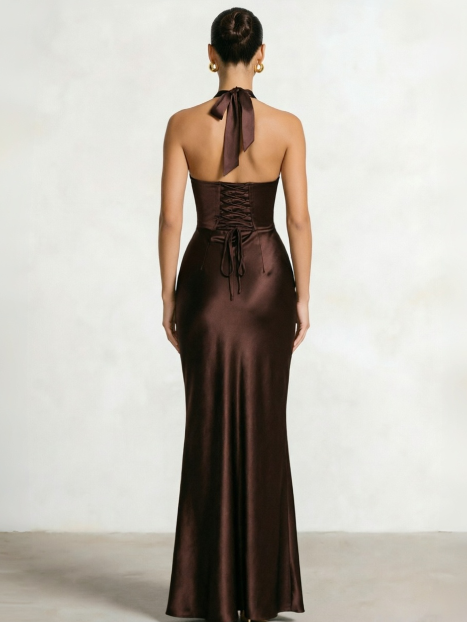 Sheath/Column Prom Dresses V Neck Sleeveless Halter Neck Floor-Length Back Lace Up