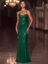 Sheath/Column Sequins Evening Dresses Formal Halter Sleeveless Floor-Length Ruched Backless Sparkle