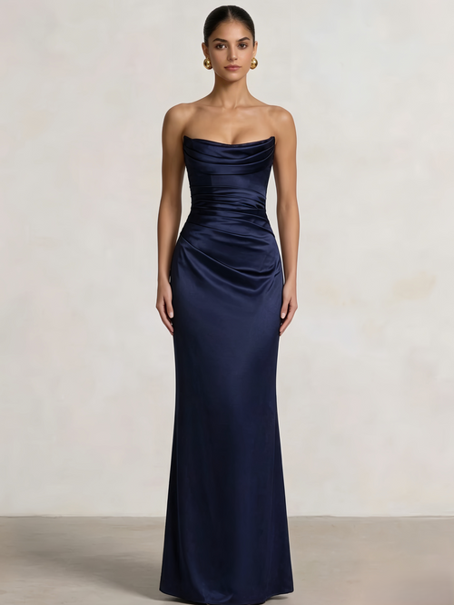 Sheath Column Prom Corset Ruched Dress Floor-Length Long Satin Corset Prom Dress Back Lace Up