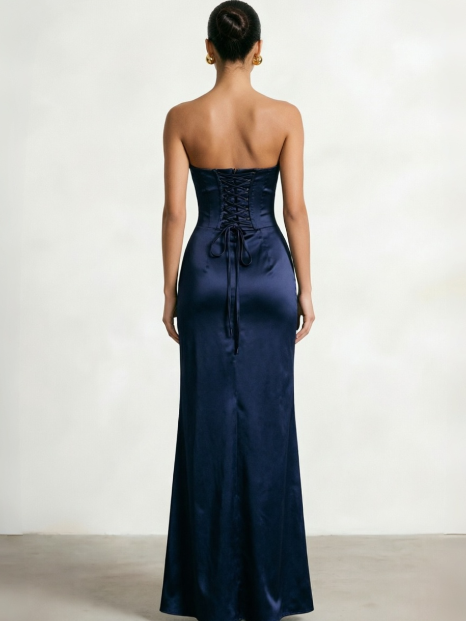 Sheath Column Prom Corset Ruched Dress Floor-Length Long Satin Corset Prom Dress Back Lace Up