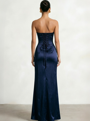 Sheath Column Prom Corset Ruched Dress Floor-Length Long Satin Corset Prom Dress Back Lace Up