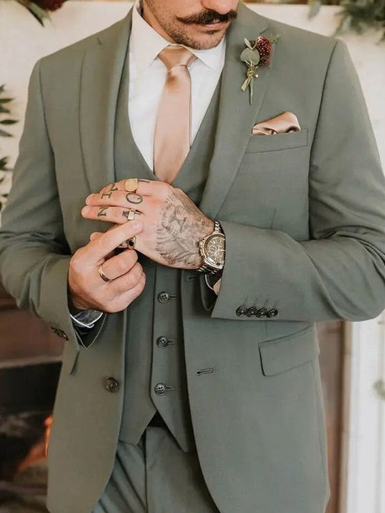 Men's Tailored Fit Suit 3-Piece Single Breasted Two-Buttons Fashionable Green Wedding Party Suits