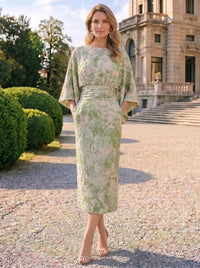 Sheath Mother Of The Bride Dresses Elegant Formal Dresses Jacquard Round Neck Tea-Length Cape Sleeves Pocket Zipper Wedding Guest