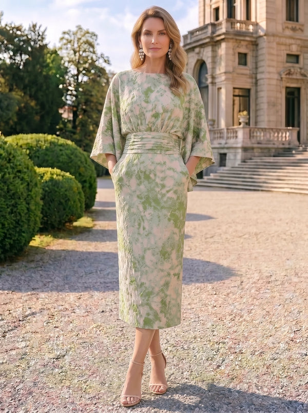 Sheath Mother Of The Bride Dresses Elegant Formal Dresses Jacquard Round Neck Tea-Length Cape Sleeves Pocket Zipper Wedding Guest