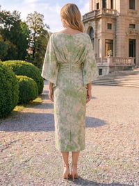 Sheath Mother Of The Bride Dresses Elegant Formal Dresses Jacquard Round Neck Tea-Length Cape Sleeves Pocket Zipper Wedding Guest