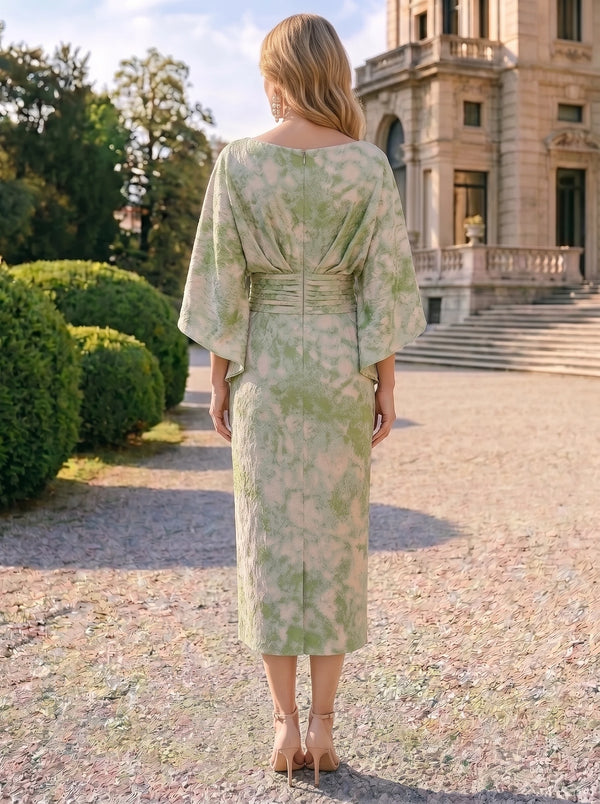 Sheath Mother Of The Bride Dresses Elegant Formal Dresses Jacquard Round Neck Tea-Length Cape Sleeves Pocket Zipper Wedding Guest