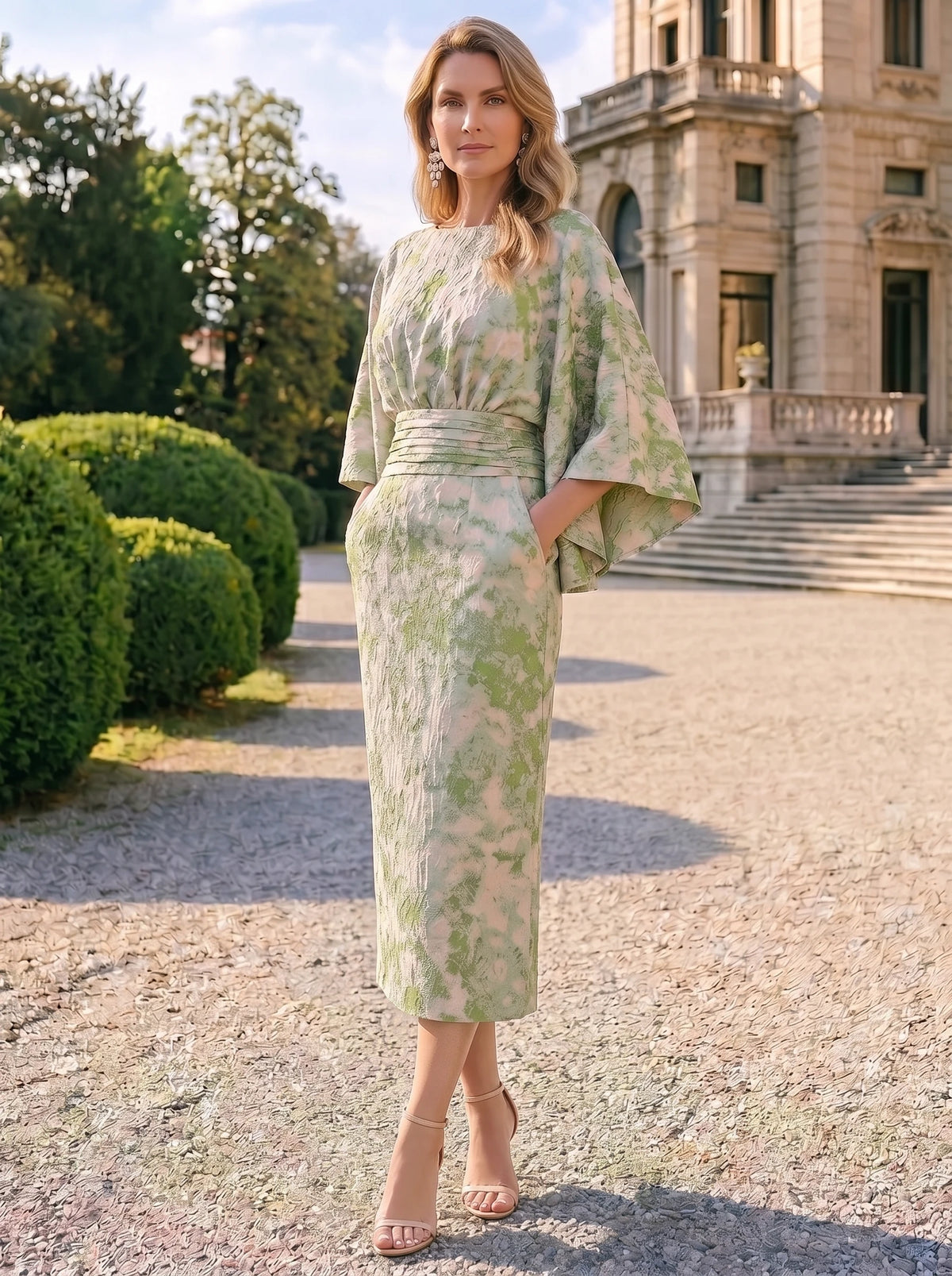 Sheath Mother Of The Bride Dresses Elegant Formal Dresses Jacquard Round Neck Tea-Length Cape Sleeves Pocket Zipper Wedding Guest