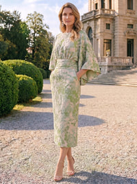 Sheath Mother Of The Bride Dresses Elegant Formal Dresses Jacquard Round Neck Tea-Length Cape Sleeves Pocket Zipper Wedding Guest