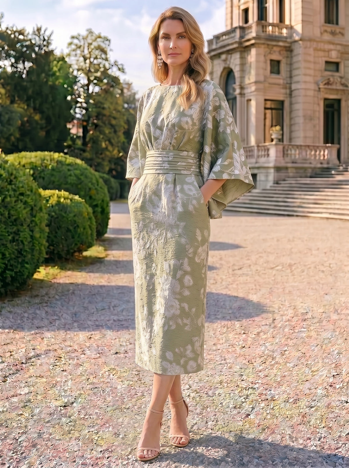 Sheath Mother Of The Bride Dresses Elegant Formal Dresses Jacquard Round Neck Tea-Length Cape Sleeves Pocket Zipper Wedding Guest