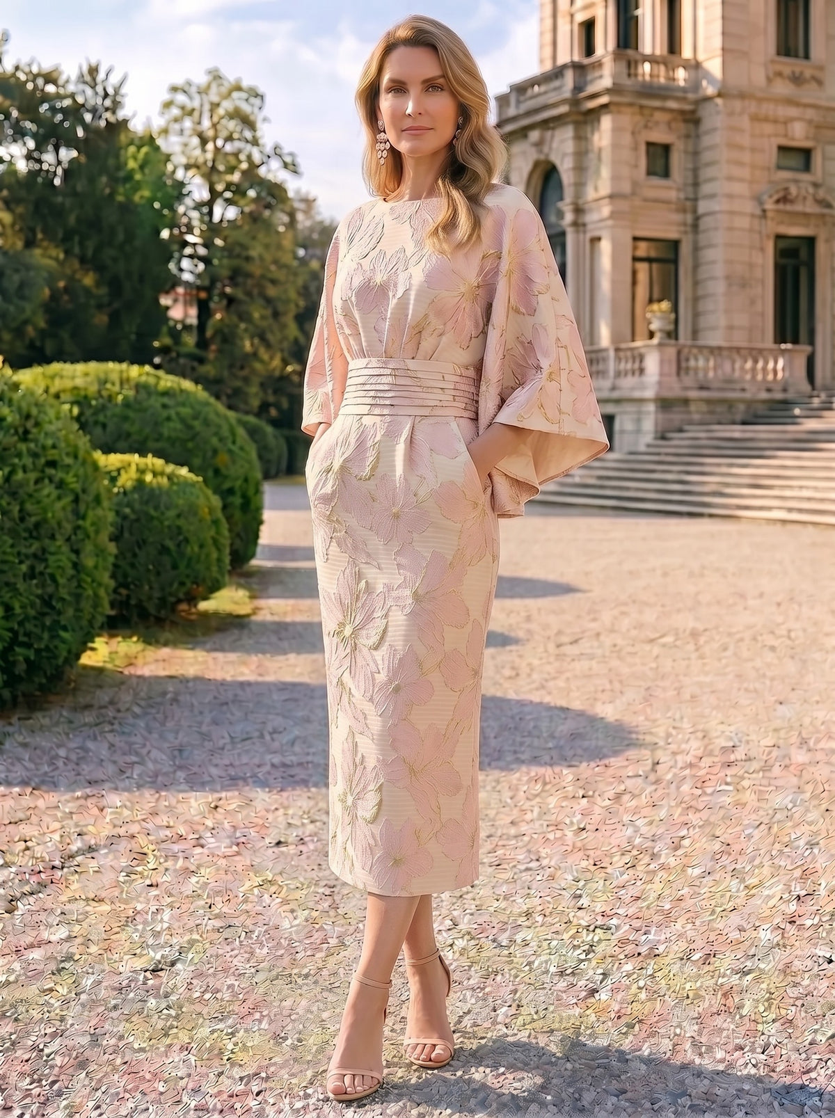 Sheath Mother Of The Bride Dresses Elegant Formal Dresses Jacquard Round Neck Tea-Length Cape Sleeves Pocket Zipper Wedding Guest