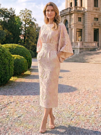 Sheath Mother Of The Bride Dresses Elegant Formal Dresses Jacquard Round Neck Tea-Length Cape Sleeves Pocket Zipper Wedding Guest