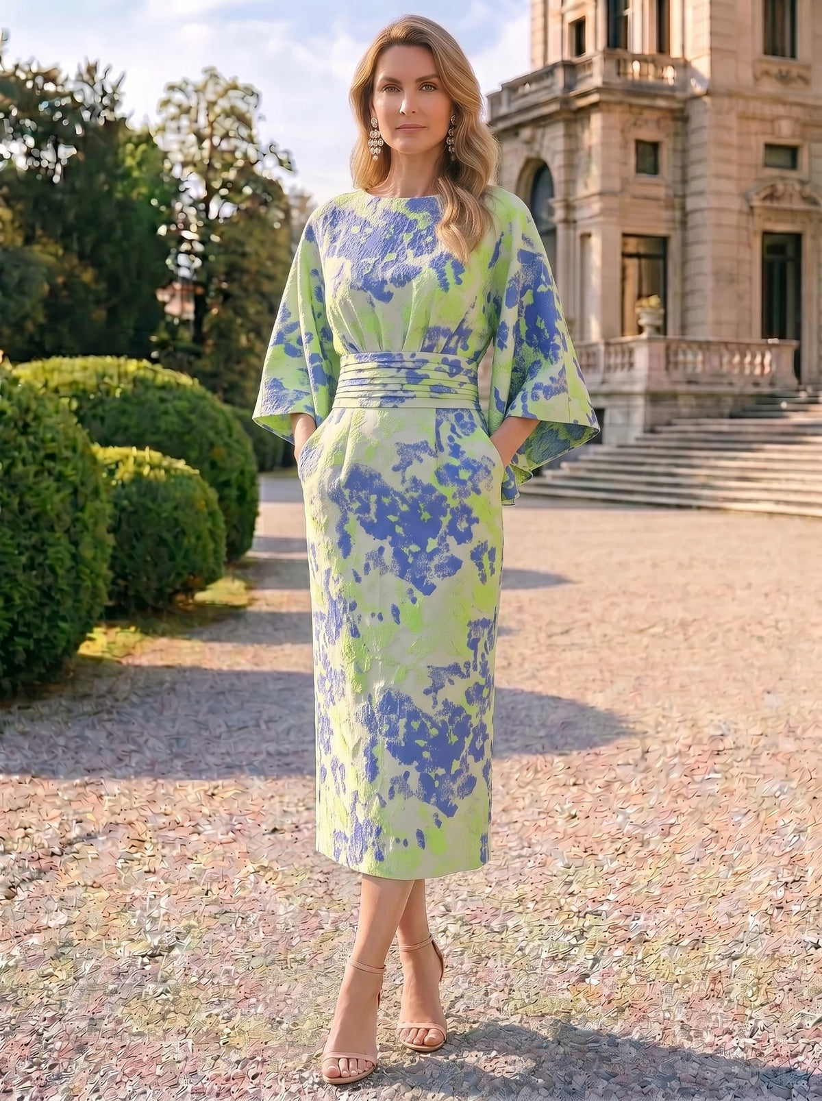 Sheath Mother Of The Bride Dresses Elegant Formal Dresses Jacquard Round Neck Tea-Length Cape Sleeves Pocket Zipper Wedding Guest