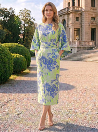 Sheath Mother Of The Bride Dresses Elegant Formal Dresses Jacquard Round Neck Tea-Length Cape Sleeves Pocket Zipper Wedding Guest