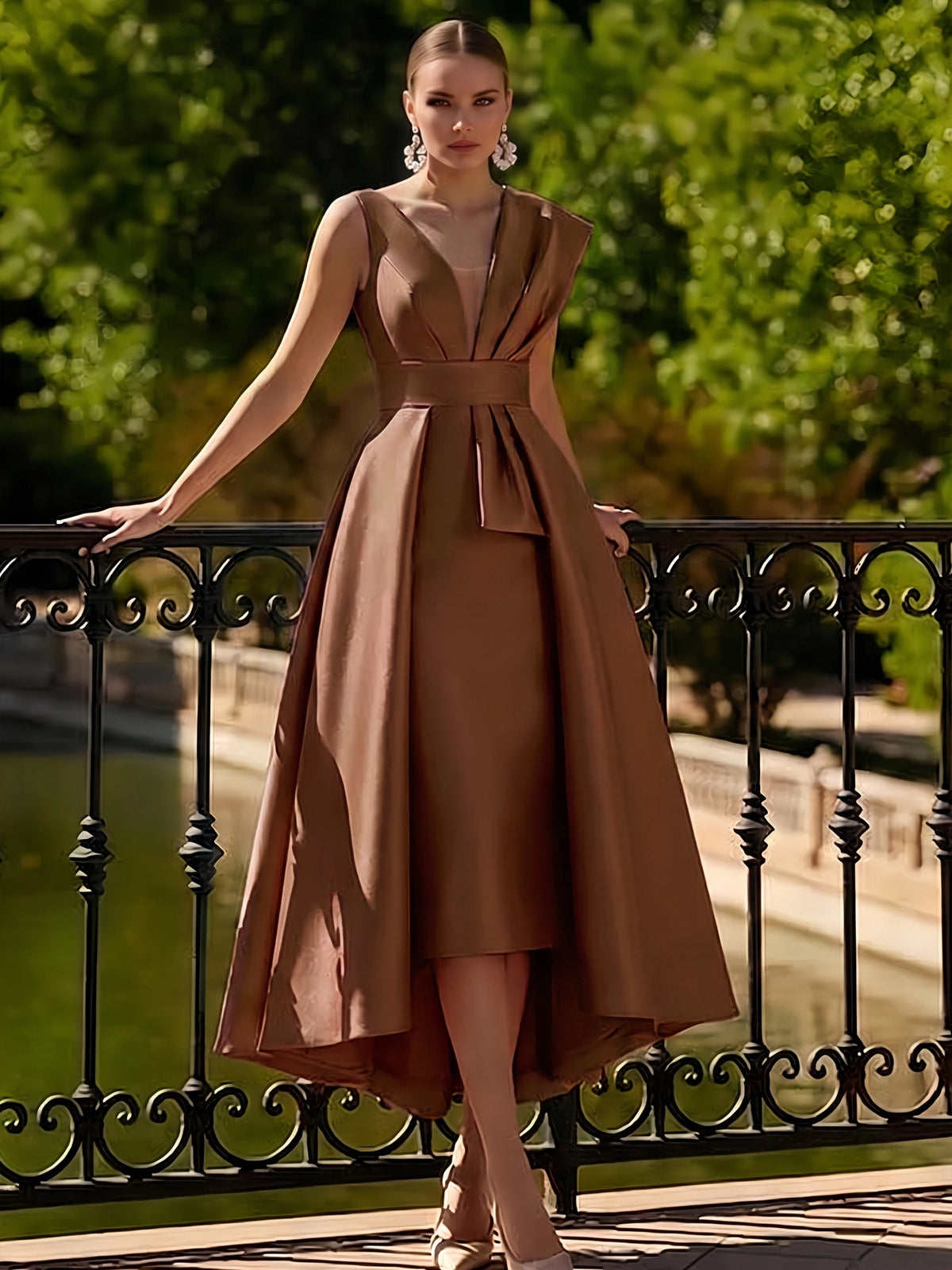 Nafori Chocolate A-Line Cocktail Dresses Tea Length Elegant Two Piece V-Neck Dresses Garden Party Dress with Bow 2026