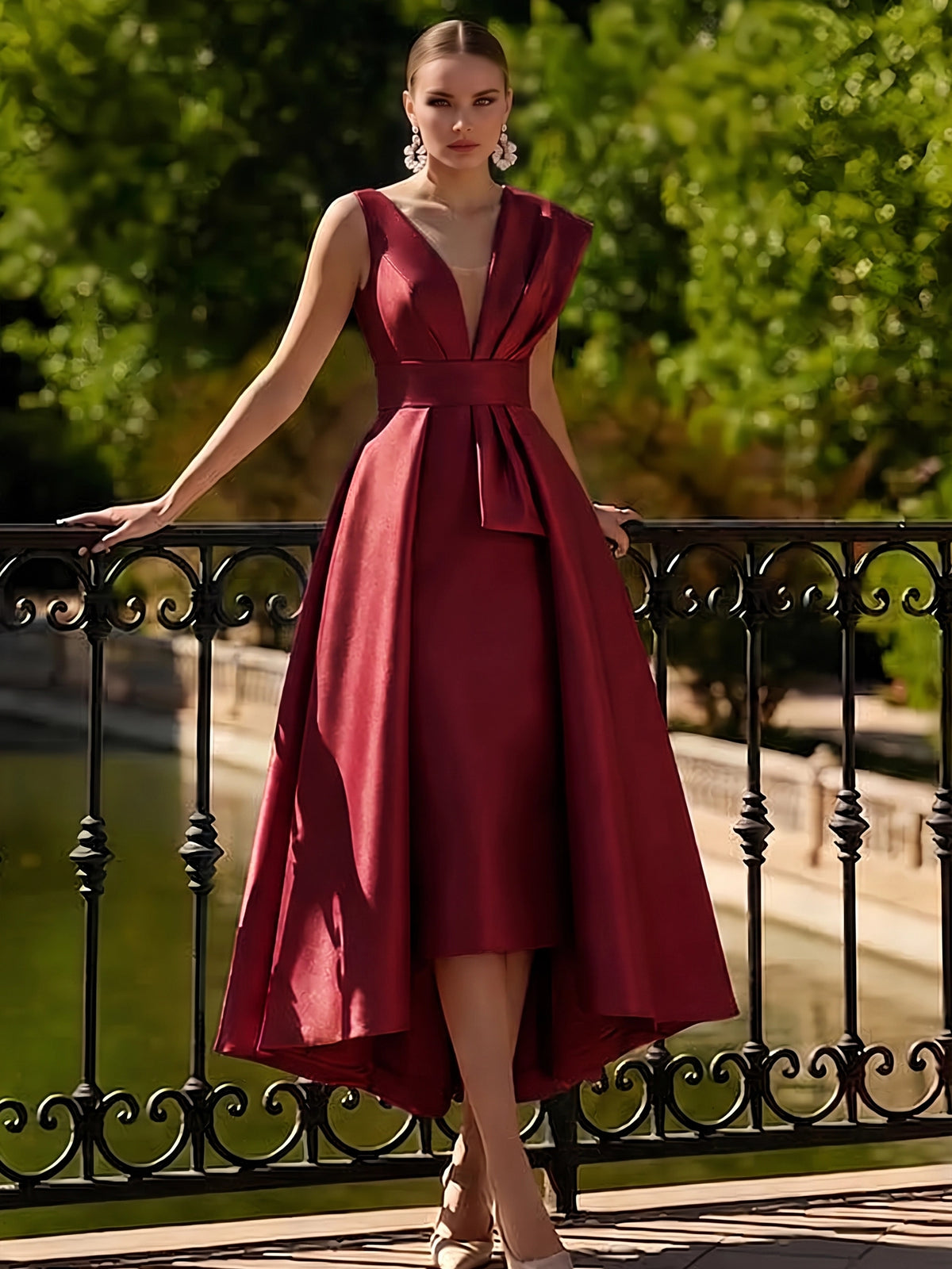 Nafori Burgundy A-Line Cocktail Dresses Tea Length Elegant Two Piece V-Neck Dresses Garden Party Dress with Bow 2026