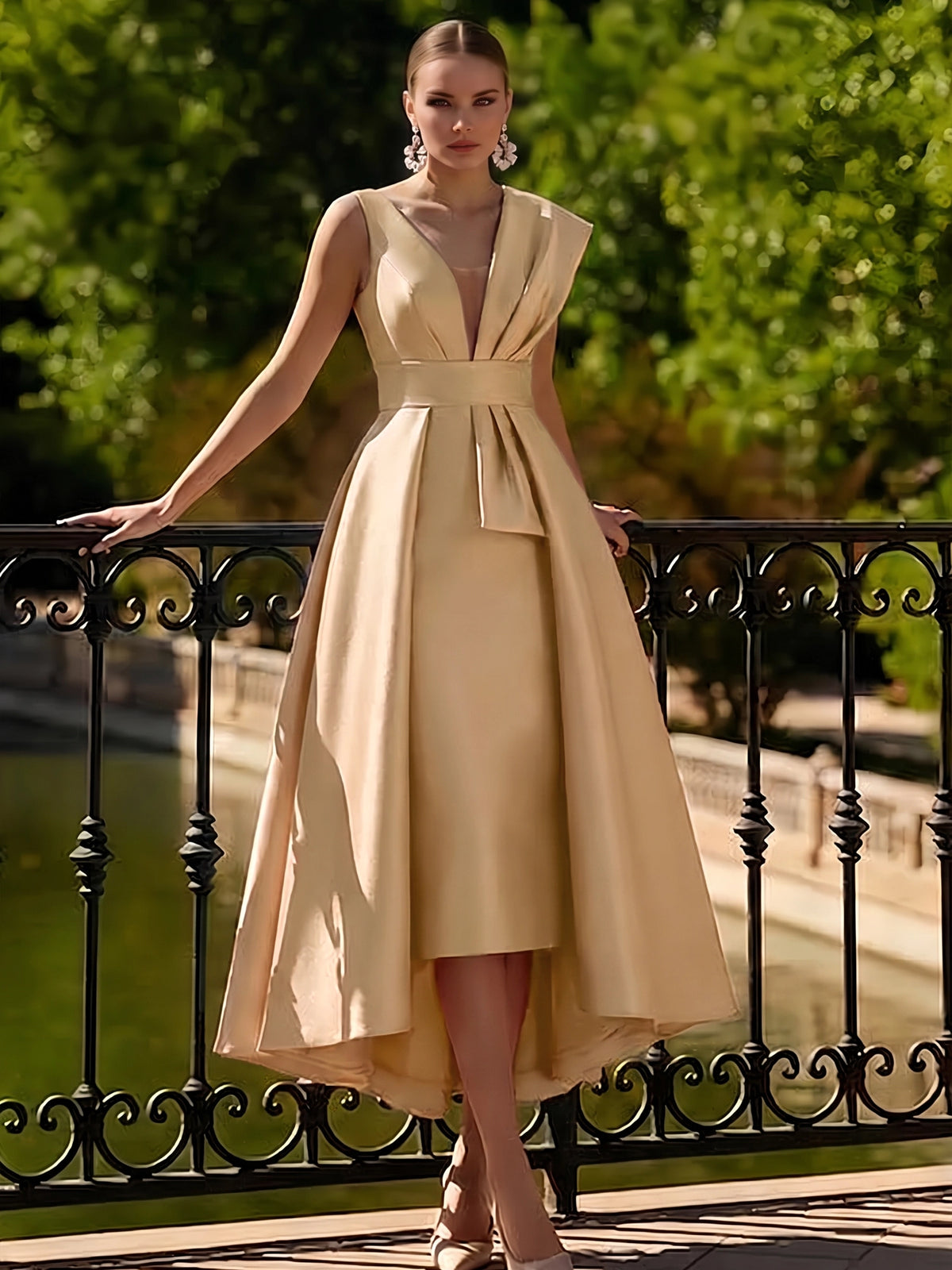 Nafori Peach A-Line Cocktail Dresses Tea Length Elegant Two Piece V-Neck Dresses Garden Party Dress with Bow 2026
