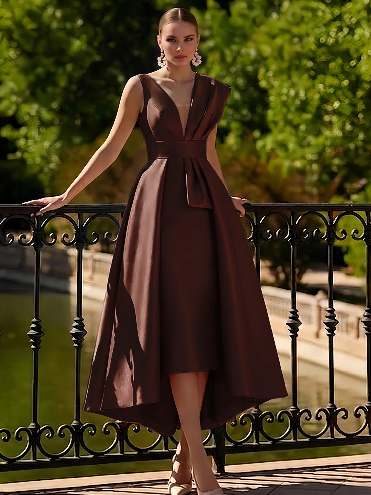 Nafori Chocolate A-Line Cocktail Dresses Tea Length Elegant Two Piece V-Neck Dresses Garden Party Dress with Bow 2026
