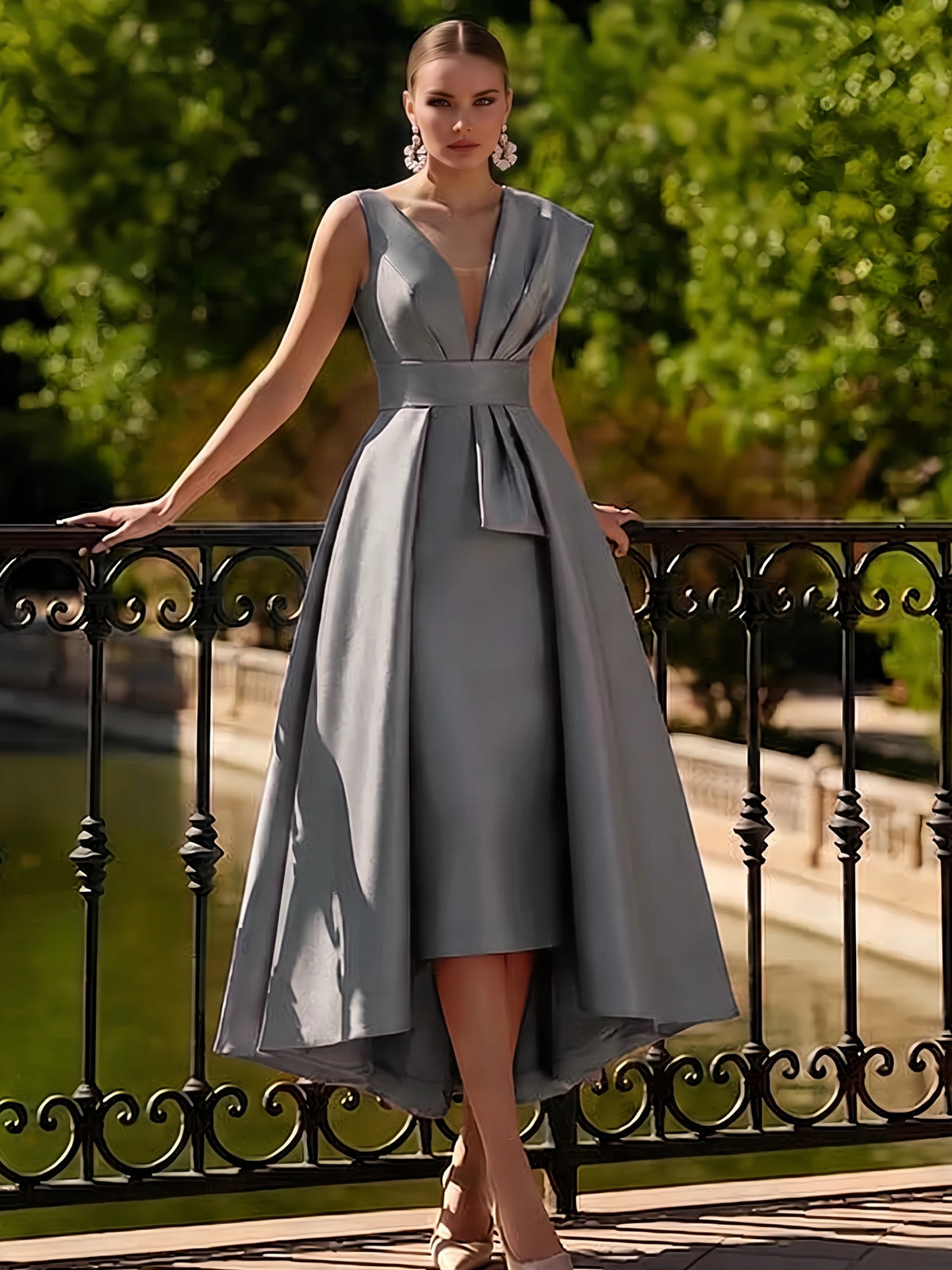 Nafori Chocolate A-Line Cocktail Dresses Tea Length Elegant Two Piece V-Neck Dresses Garden Party Dress with Bow 2026