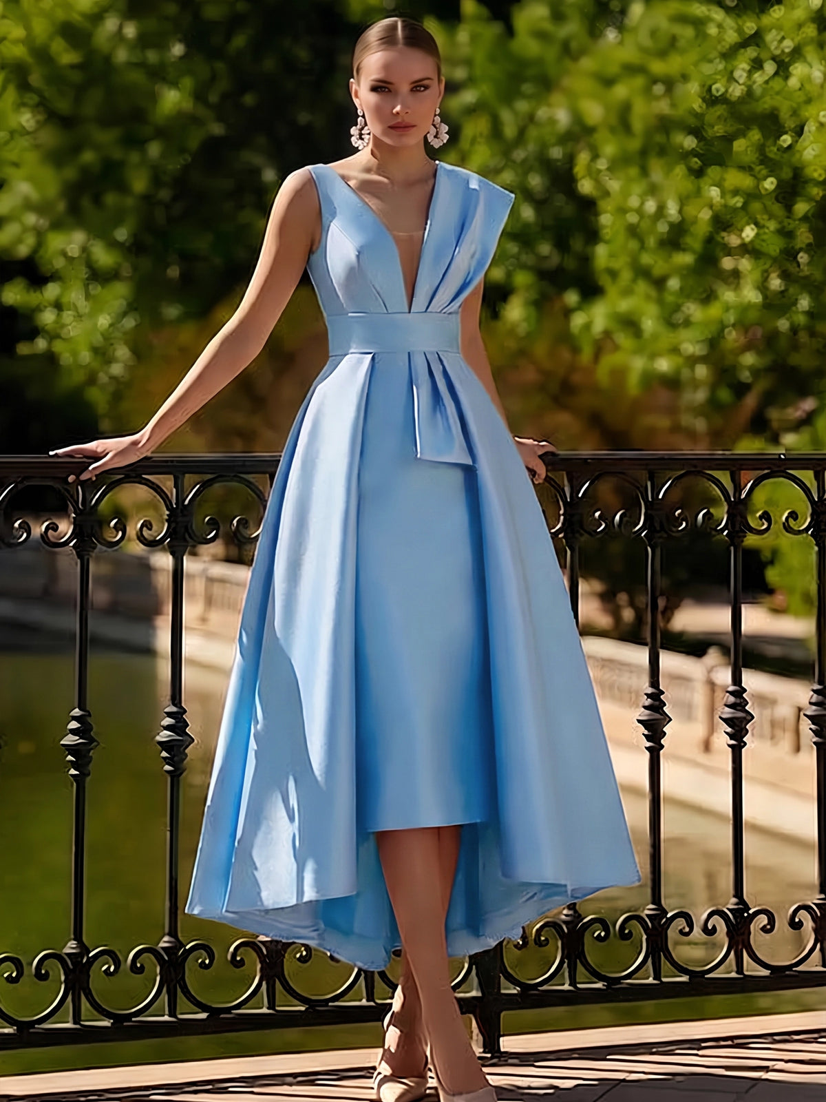 Nafori Sky Blue A-Line Cocktail Dresses Tea Length Elegant Two Piece V-Neck Dresses Garden Party Dress with Bow 2026