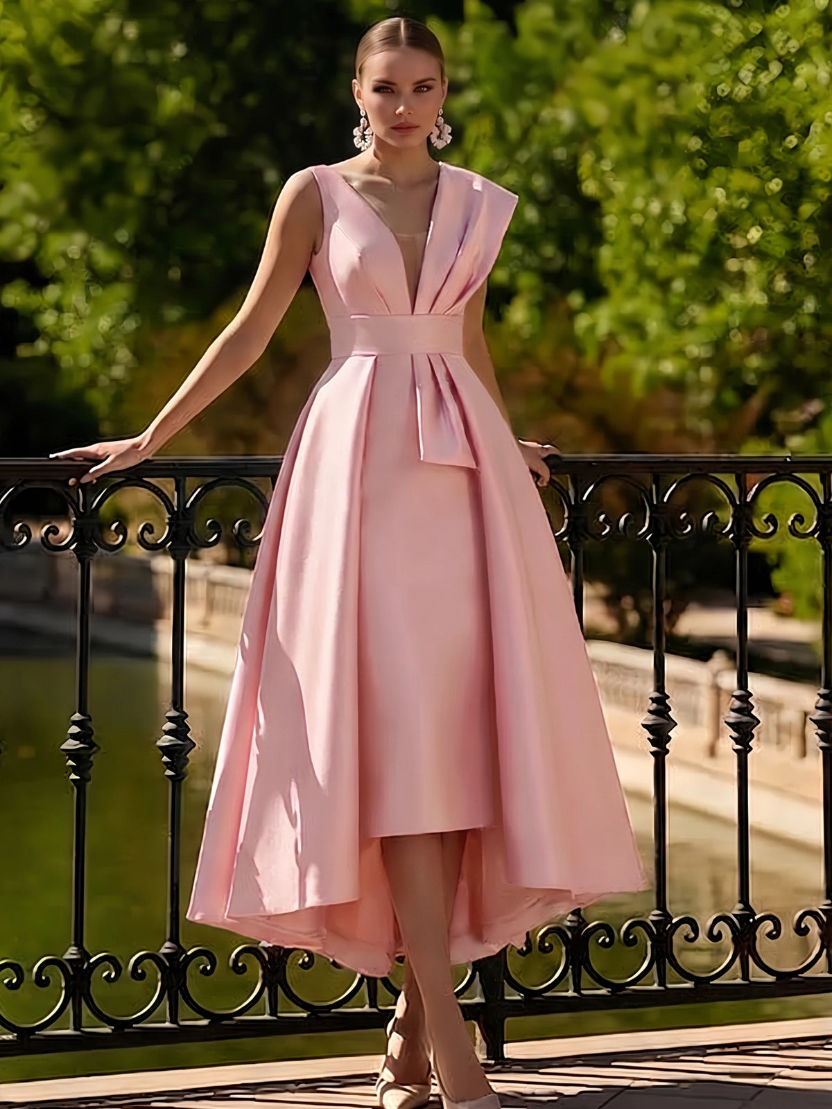 Nafori Peach A-Line Cocktail Dresses Tea Length Elegant Two Piece V-Neck Dresses Garden Party Dress with Bow 2026