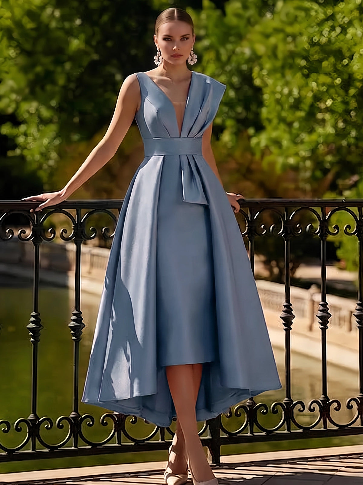 Nafori Sky Blue A-Line Cocktail Dresses Tea Length Elegant Two Piece V-Neck Dresses Garden Party Dress with Bow 2026