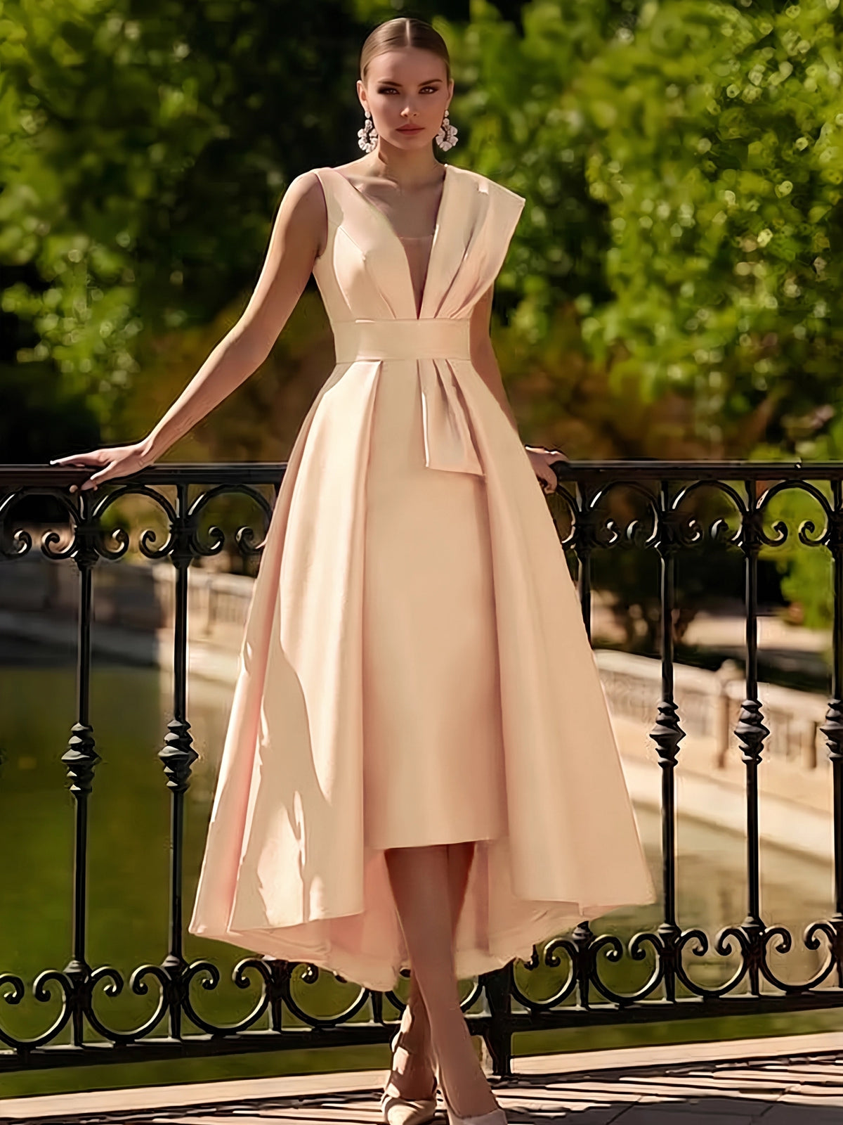 Nafori Peach A-Line Cocktail Dresses Tea Length Elegant Two Piece V-Neck Dresses Garden Party Dress with Bow 2026