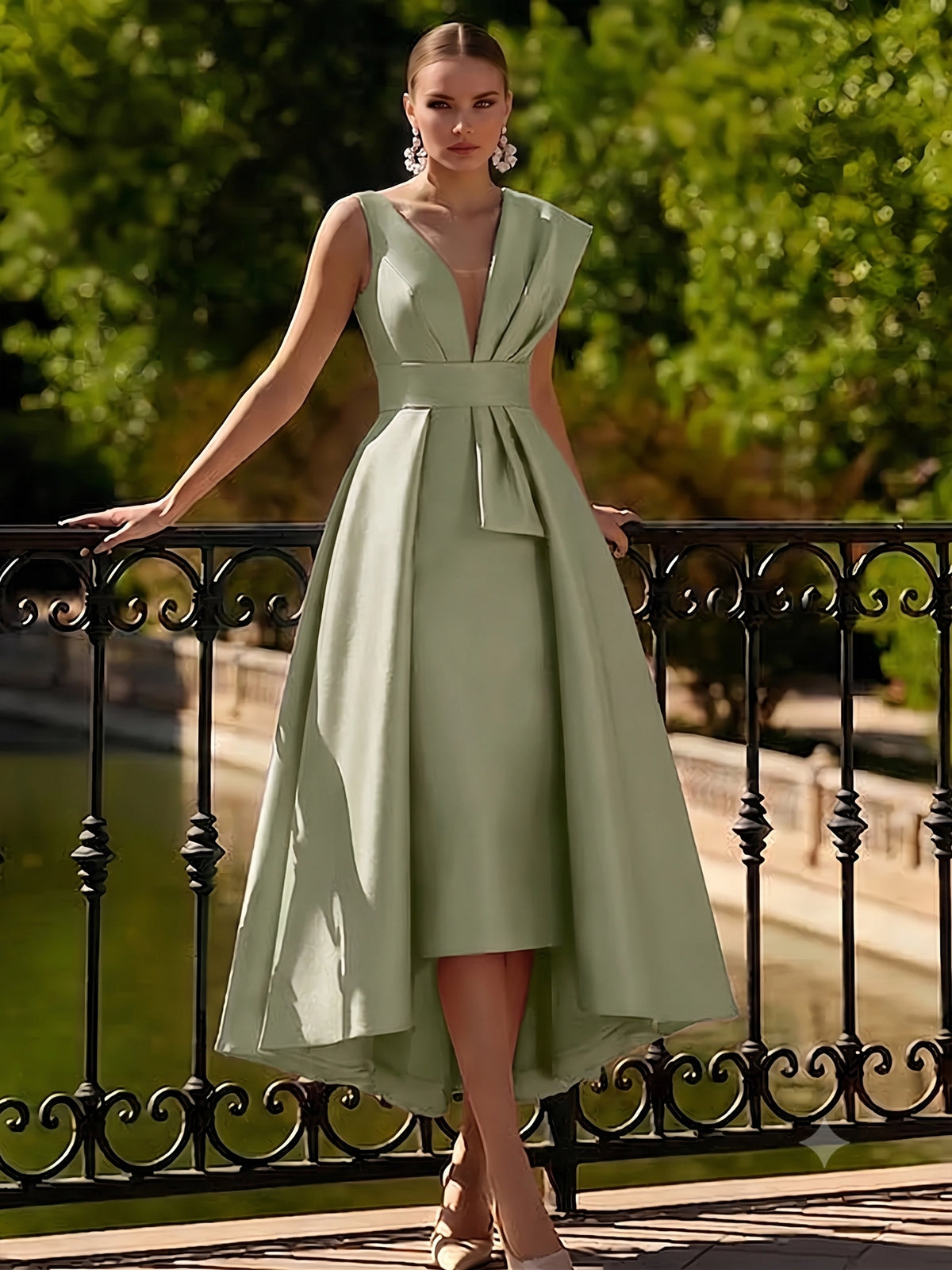Nafori Dark Green A-Line Cocktail Dresses Tea Length Elegant Two Piece V-Neck Dresses Garden Party Dress with Bow 2026