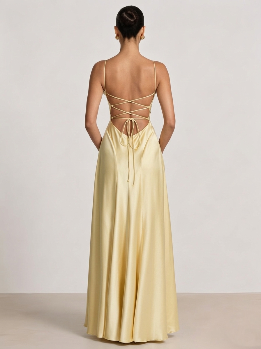 A Line/Princesses Prom Satin Dresses Spaghetti Straps Floor-Length Formal Dress Wedding Guest With Back Lace Up