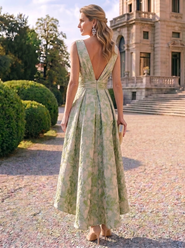 A-Line Mother Of The Bride Dresses Elegant Jacquard Floral High Low Asymmetrical Sleeveless V-Neck With Pocket Pleated