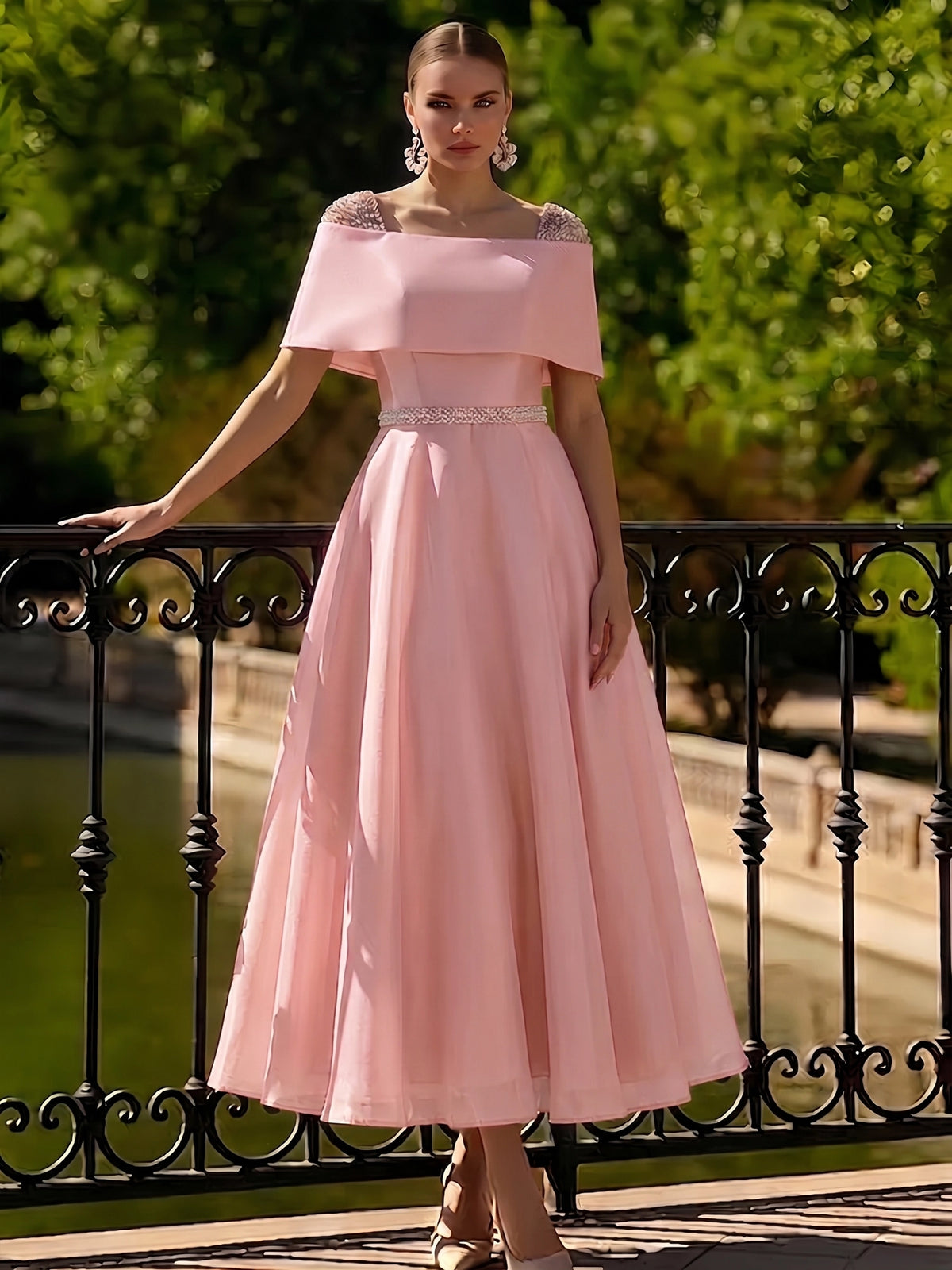 Nafori Dusty Rose A Line Cocktail Dress Tea Length Cocktail Dresses Elegant Short Sleeve Boat Neck Garden Party Wedding Organza with Beaded Pearls