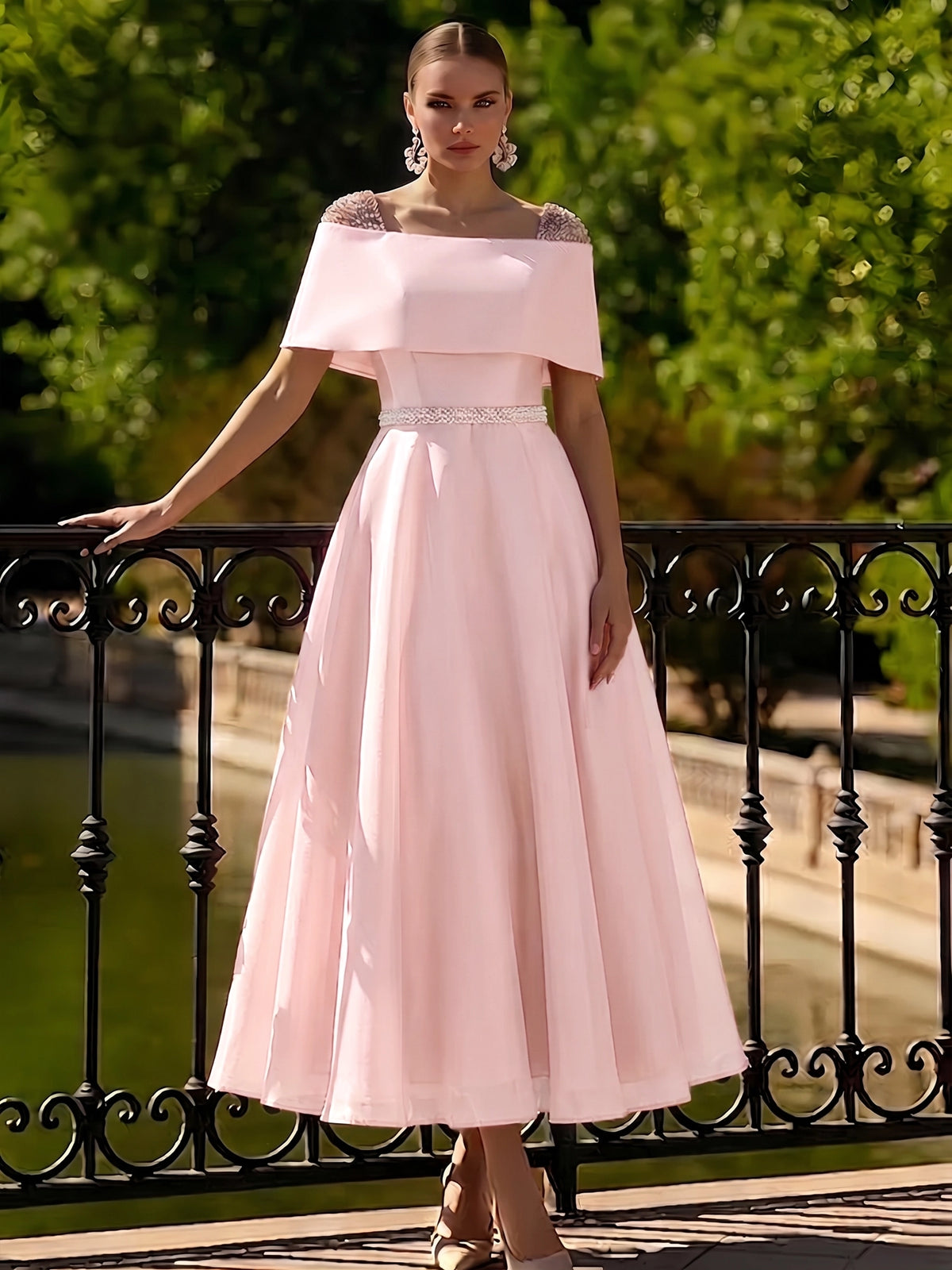 Nafori Pearl Pink A Line Cocktail Dress Tea Length Cocktail Dresses Elegant Short Sleeve Boat Neck Garden Party Wedding Organza with Beaded Pearls