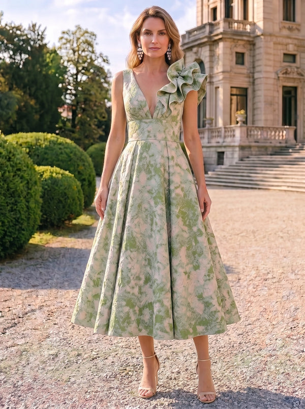 A-Line Mother Of The Bride Dresses Elegant Jacquard Floral Tea-Length Sleeveless V-Neck With Ruffles On The Shoulder Pleated Zipper