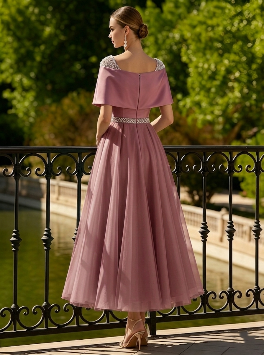 A Line Cocktail Dress Tea Length Cocktail Dresses Elegant Short Sleeve Boat Neck Garden Party Wedding Organza with Beaded Pleats Pearls