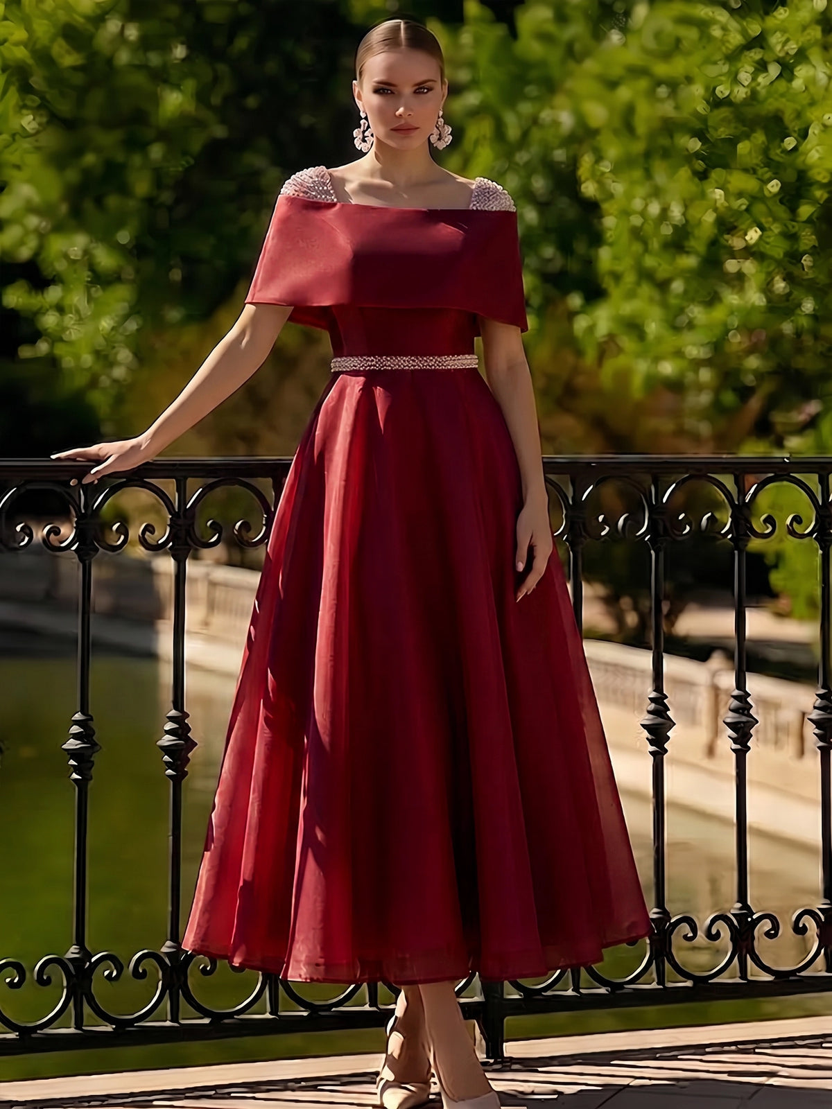 classy red cocktail dresses with sleeves Nafori Burgundy A Line Dress Tea Length Cocktail Elegant Short Sleeve Boat Neck Garden Party Wedding Organza Beaded Pearls 2026 Emerald Green Ball Gown Featuring party SID-D27671 Size:Intelligent