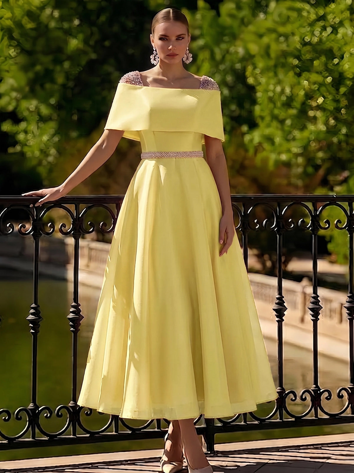 Nafori Sage A Line Cocktail Dress Tea Length Cocktail Dresses Elegant Short Sleeve Boat Neck Garden Party Wedding Organza with Beaded Pearls 2026
