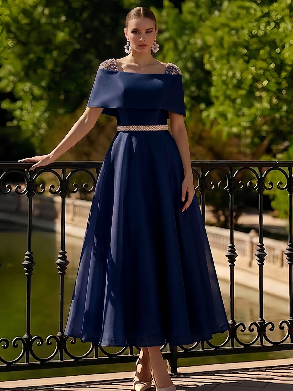 Nafori Dark Navy A Line Cocktail Dress Tea Length Cocktail Dresses Elegant Short Sleeve Boat Neck Garden Party Wedding Organza with Beaded Pearls 2026