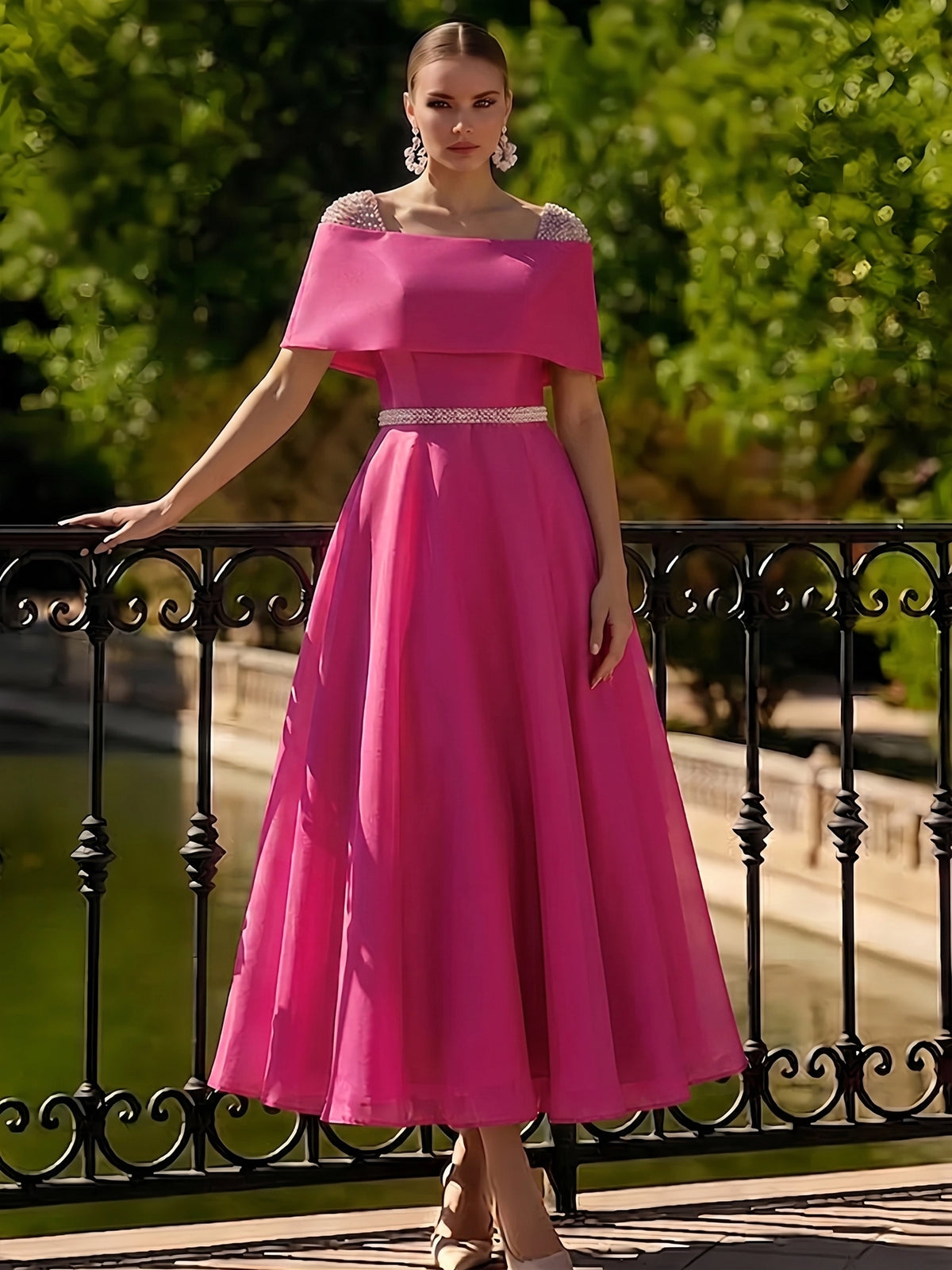 Nafori Fuchsia A Line Cocktail Dress Tea Length Cocktail Dresses Elegant Short Sleeve Boat Neck Garden Party Wedding Organza with Beaded Pearls 2026