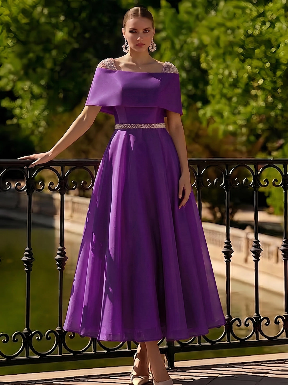 Nafori Lavender A Line Cocktail Dress Tea Length Cocktail Dresses Elegant Short Sleeve Boat Neck Garden Party Wedding Organza with Beaded Pearls 2026