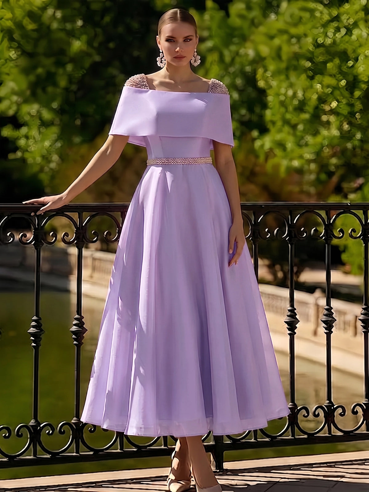aline cocktail dresses for wedding Nafori Lavender A Line Dress Tea Length Cocktail Elegant Short Sleeve Boat Neck Garden Party Organza with Beaded Pearls 2026 What shoes and accessories Size:46-47 This elegant vintage womens dresses-jumpsuits