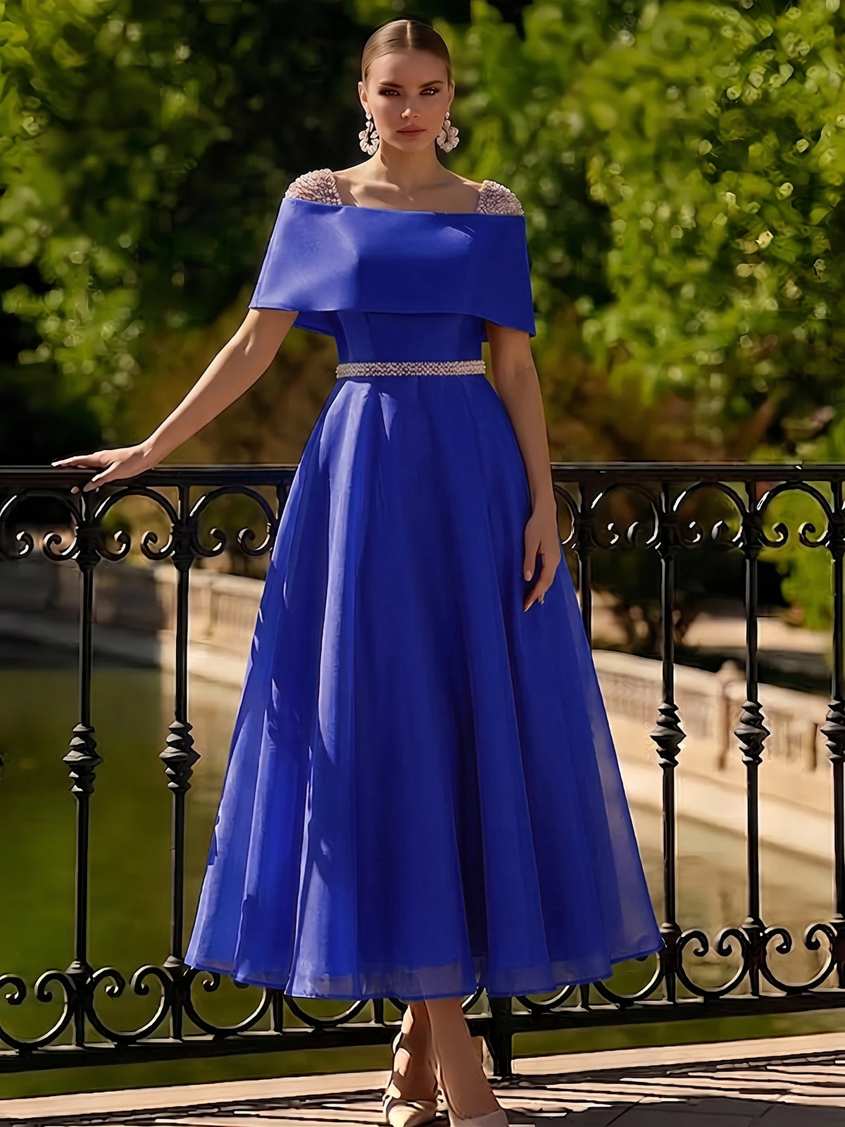 Nafori Royal Blue A Line Cocktail Dress Tea Length Cocktail Dresses Elegant Short Sleeve Boat Neck Garden Party Wedding Organza with Beaded Pearls
