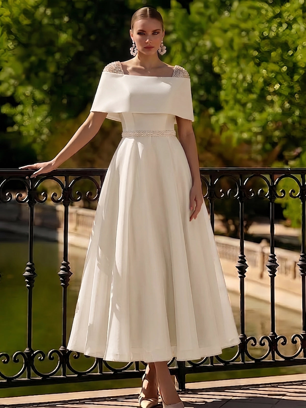 Nafori Sage A Line Cocktail Dress Tea Length Cocktail Dresses Elegant Short Sleeve Boat Neck Garden Party Wedding Organza with Beaded Pearls 2026