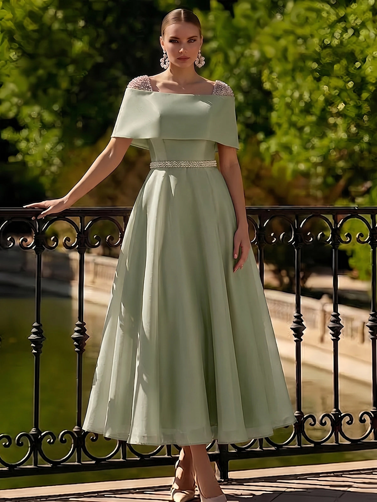 Nafori Sage A Line Cocktail Dress Tea Length Cocktail Dresses Elegant Short Sleeve Boat Neck Garden Party Wedding Organza with Beaded Pearls 2026