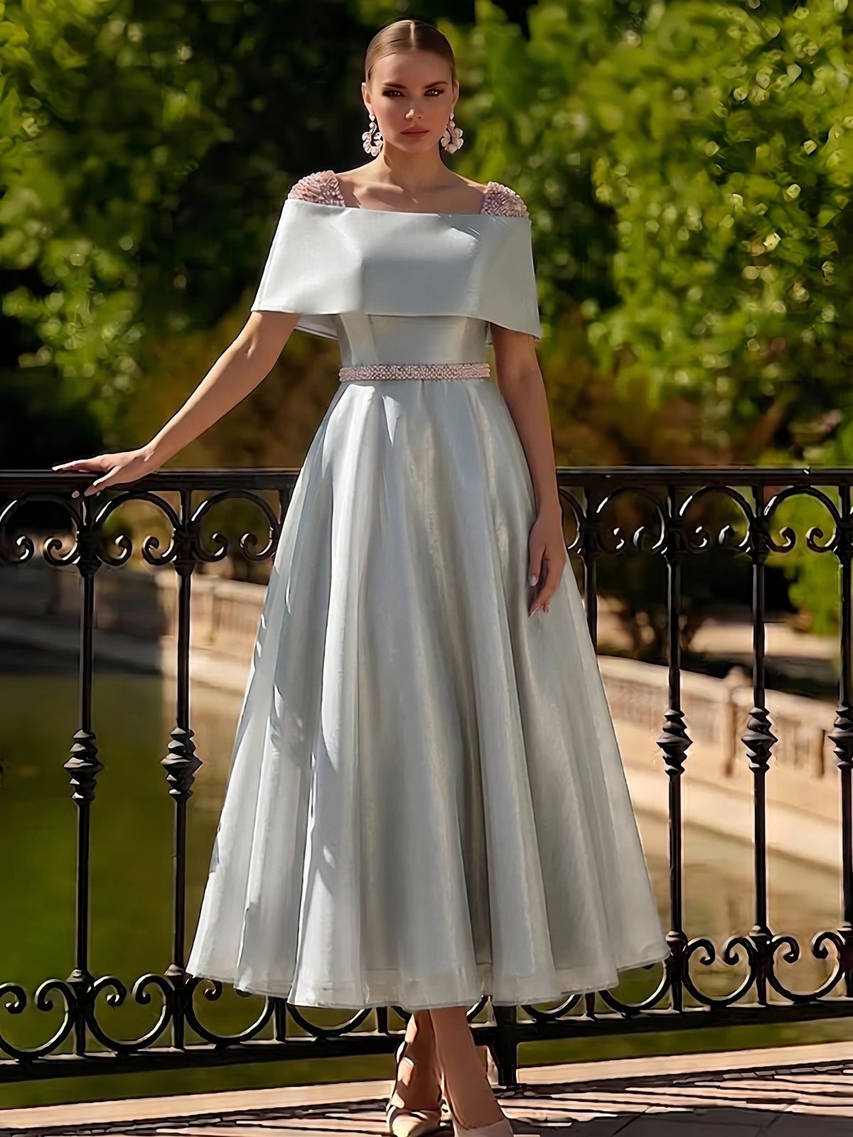 Nafori Sage A Line Cocktail Dress Tea Length Cocktail Dresses Elegant Short Sleeve Boat Neck Garden Party Wedding Organza with Beaded Pearls 2026