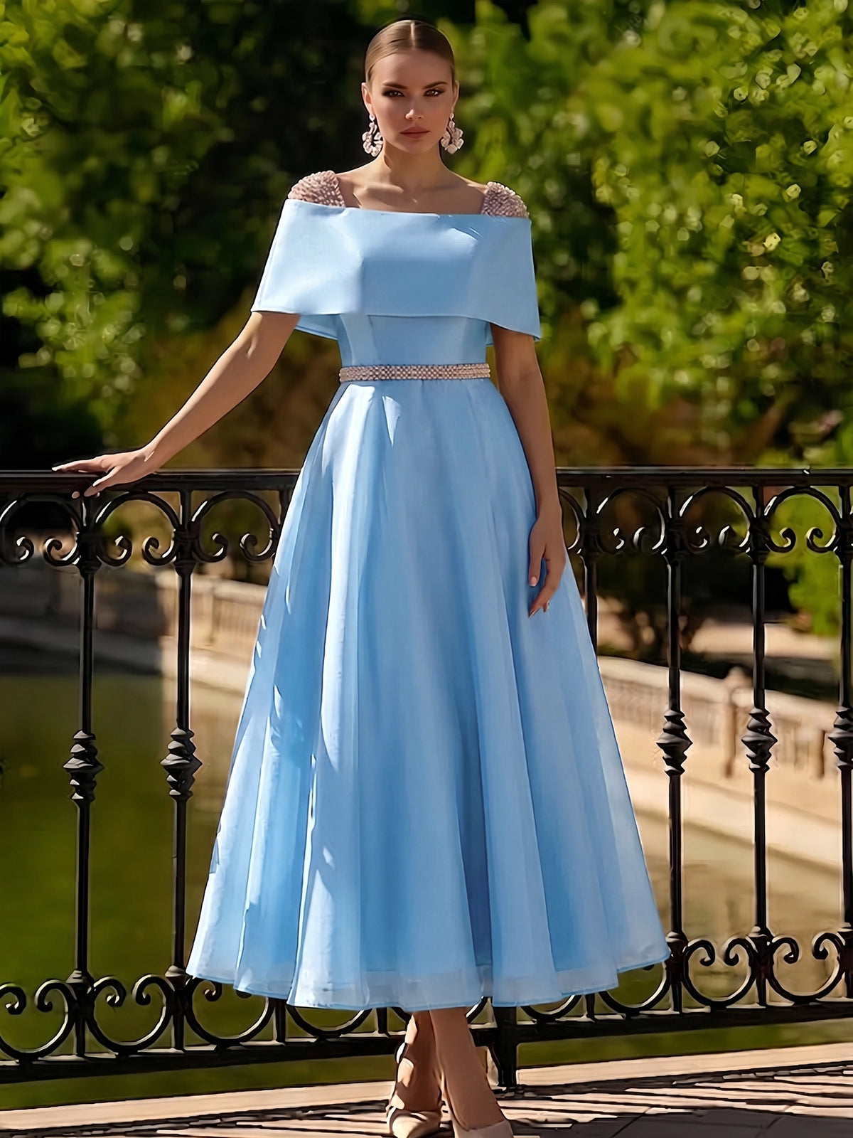 Nafori Sky Blue A Line Cocktail Dress Tea Length Cocktail Dresses Elegant Short Sleeve Boat Neck Garden Party Wedding Organza with Beaded Pearls 2026